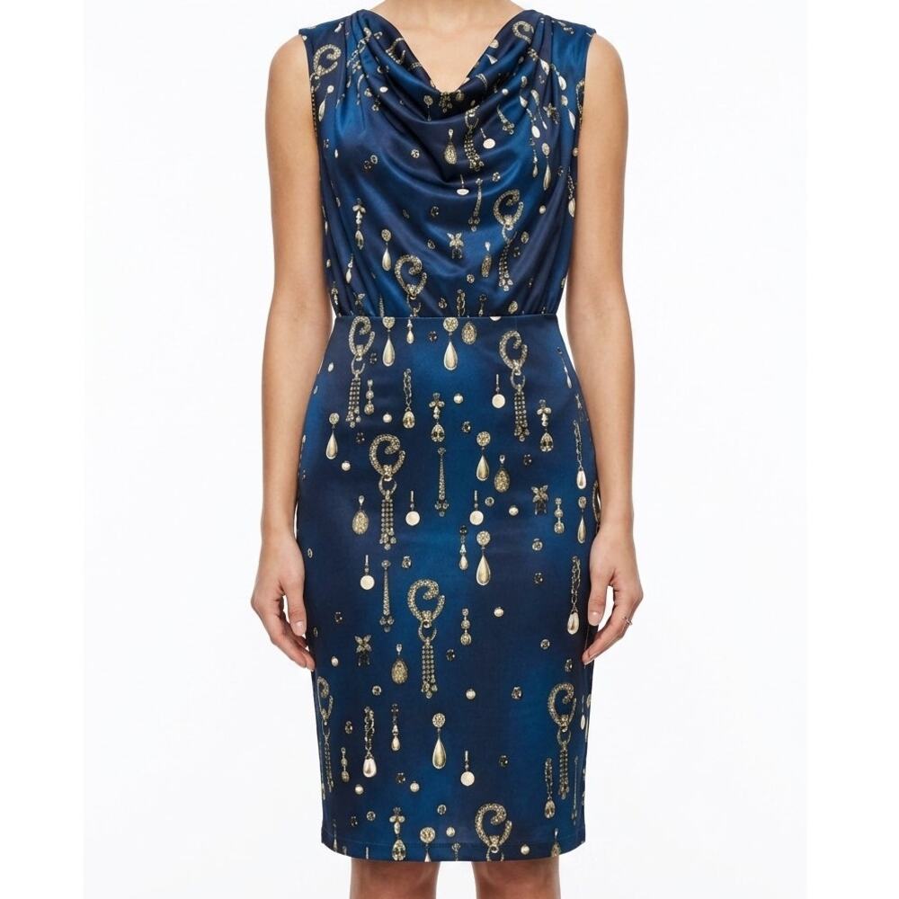 Carmen Marc Valvo Navy Blue Sleeveless Sheath Dress S Diamond Print
